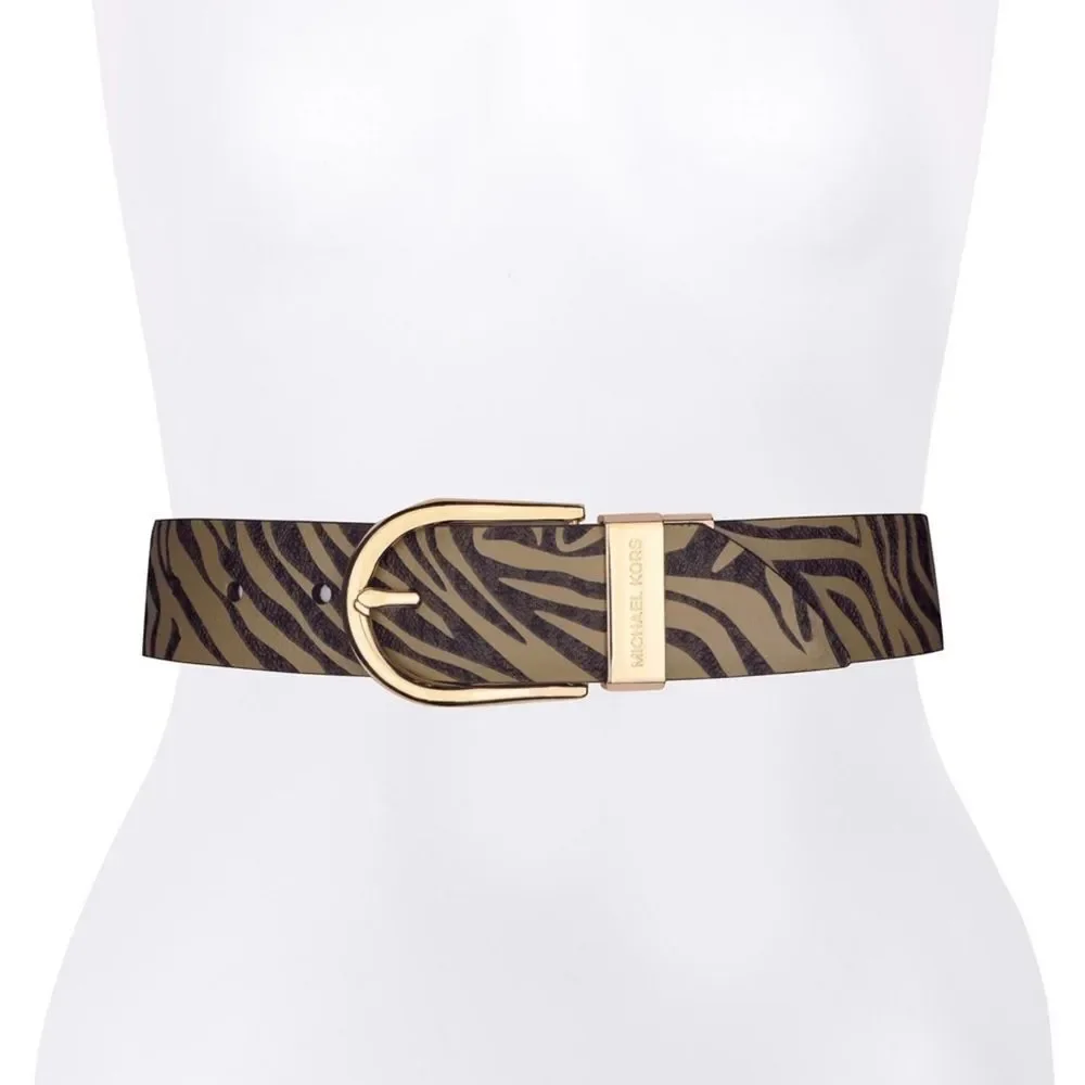 New! MICHAEL KORS Reversible Leather Belt Zebra Print Gold-tone Logo Buckle SM
